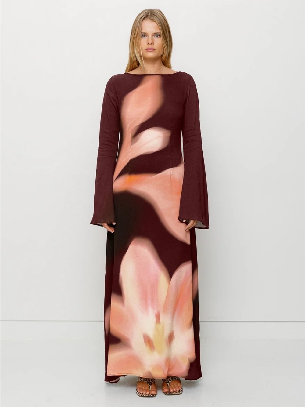 The Wolf Gang Burgundy Floral Maxi Dress with Bell Sleeves